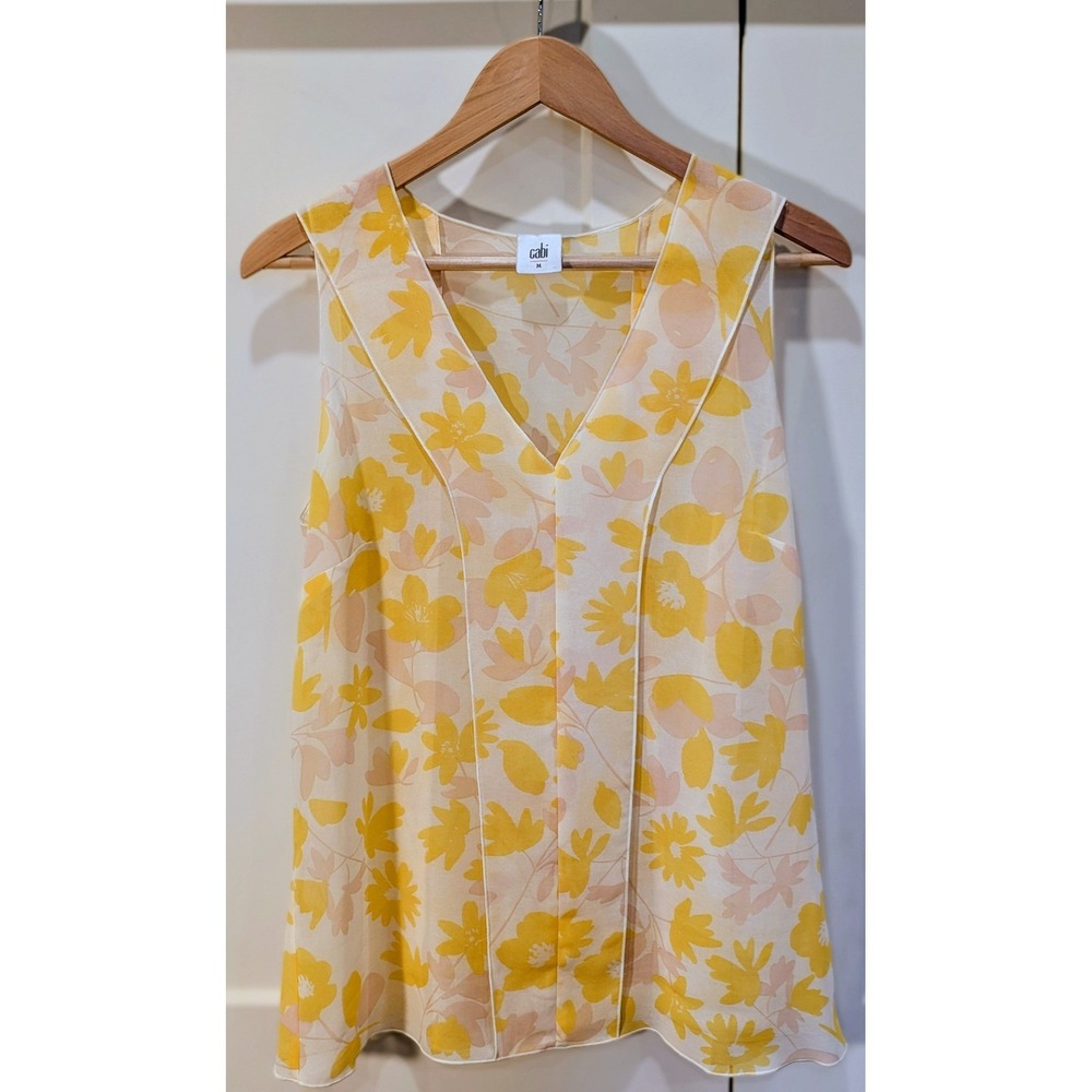 Cabi Yellow Floral V-Neck Sleeveless Blouse Sheer Tank Top Medium